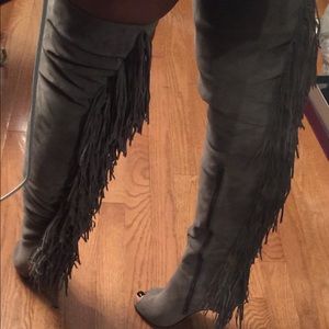 Grey fringe over the knee boot